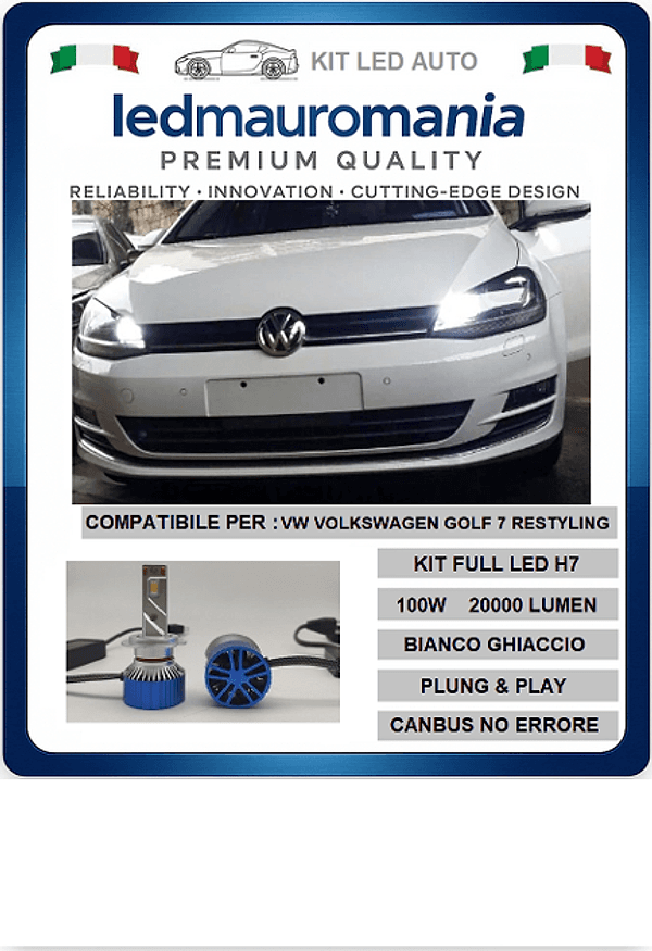 KIT LED VW VOLKSWAGEN GOLF 7 VII RESTYLING LAMPADE H7 6000K 20000 LUMEN 100W CANBUS