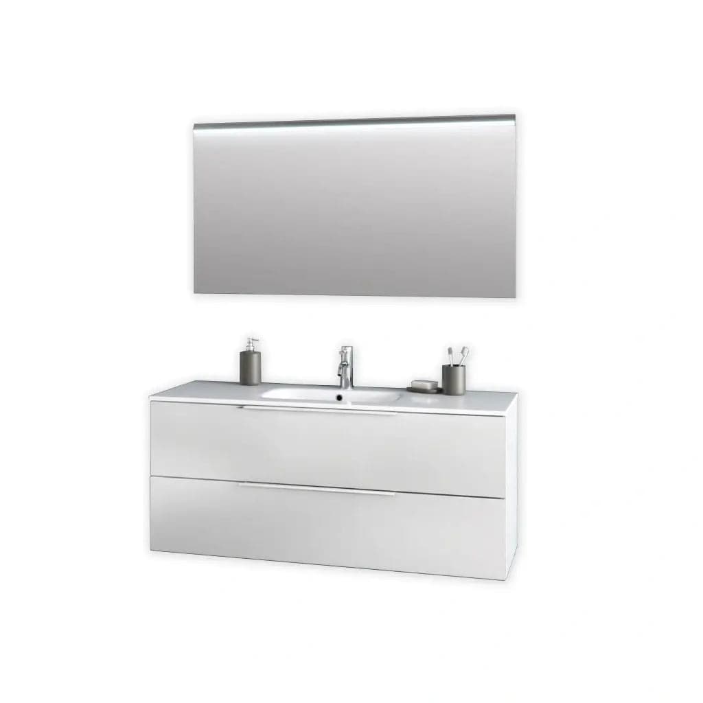Mobile Bagno 120cm Sospeso Con Quattro Cassetti Lavabo Doppia Vasca Specchio E Doppia Lampada - Bianco Opaco - Mobile
