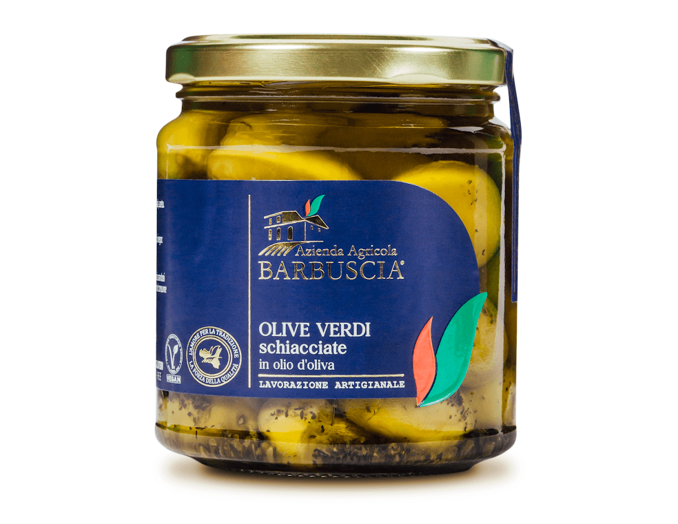 Barbuscia - Olive verdi schiacciate in olio di oliva 280 gr in Alle olive Sicilya - Messina, commercioVirtuoso.it