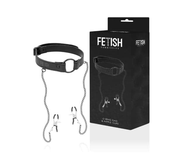 Gag O ring con pinzette per capezzoli Fetish Submissive Vegan Pelle nero in prodotto Erosdom - Palmi, commercioVirtuoso.it