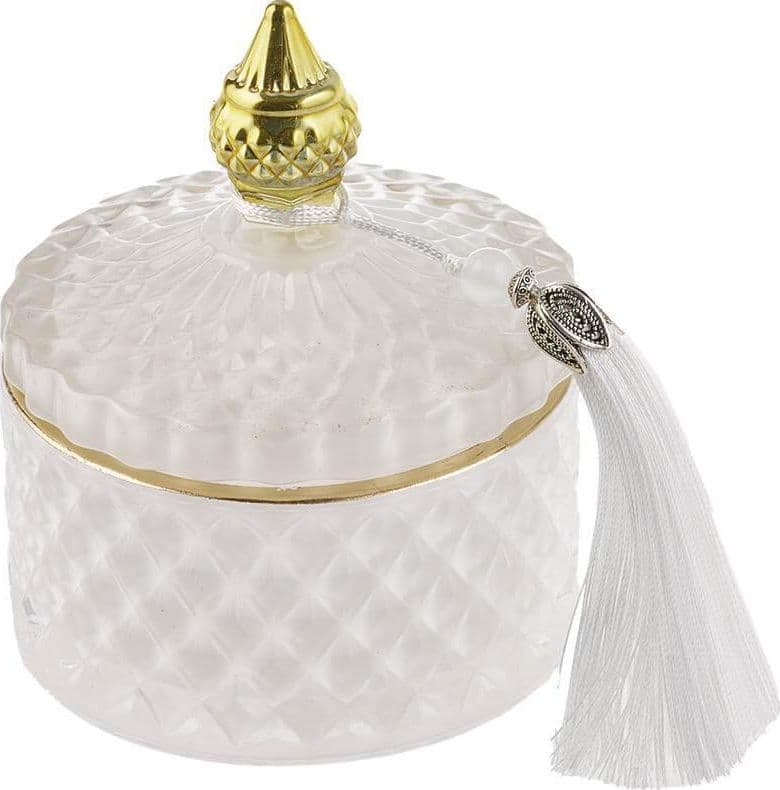 Candela profumata in vetro bianco con nappina decorativa, Special Gifts SP2/S, altezza 10 cm, diametro 8 cm, con scatola regalo inclusa.