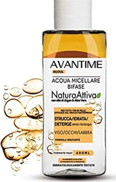 ACQUA MICELLARE BIFASE CON OLIO ARGAN E ALOE VERA STRUCCA IDRATA DETERGE 400 ML