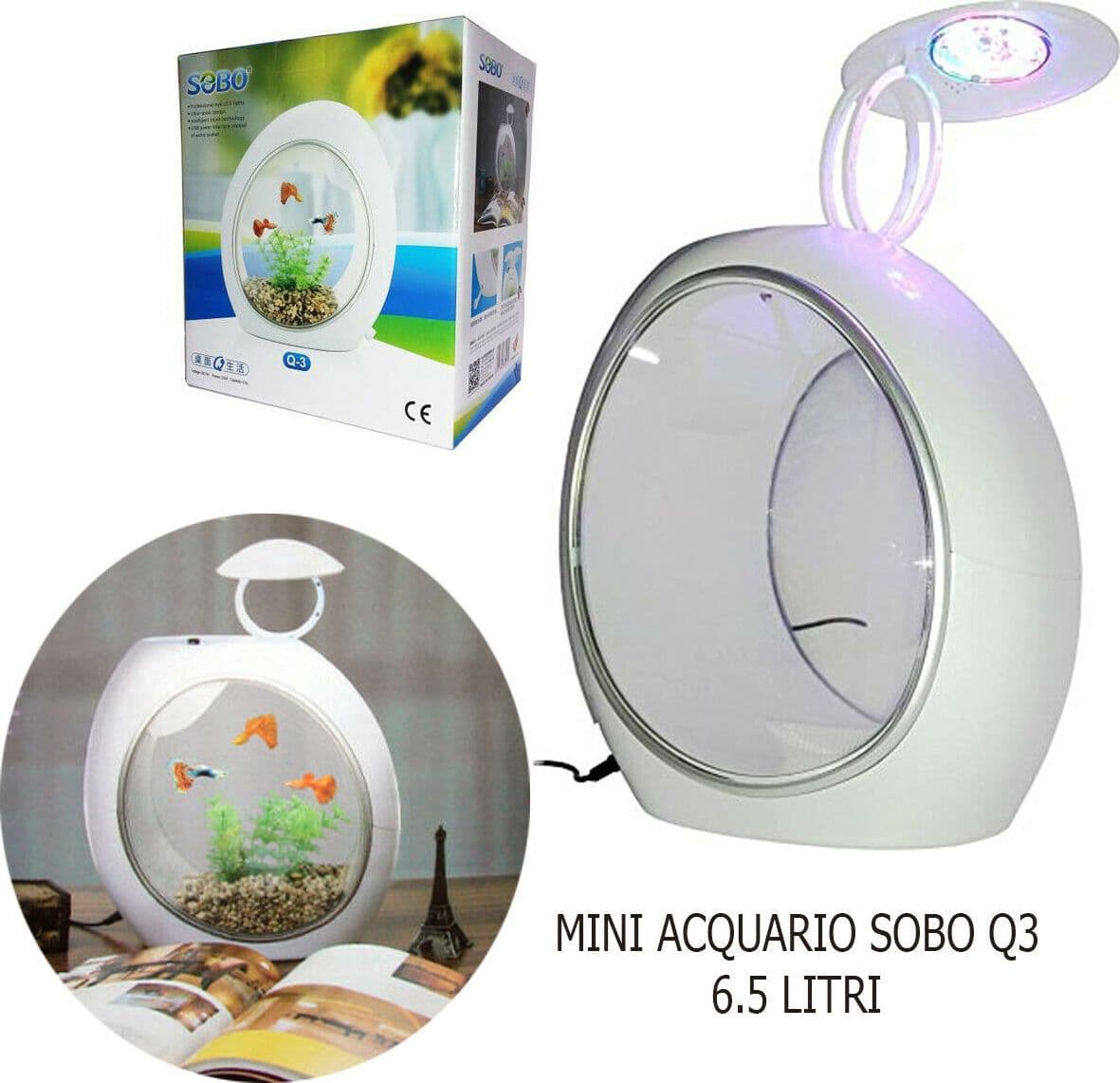 ACQUARIO MINI SOBO 6.5 LITRI Q-3 LUCE LED OVALE PESCI FILTRAZIONE INCORPORPORATA