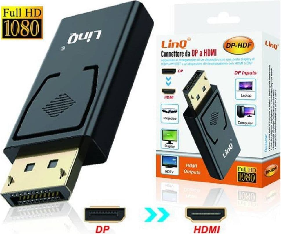 ADATTATORE CONVERTITORE CONNETTORE DP DISPLAYPORT MASCHIO A HDMI FEMMINA DP-HDF
