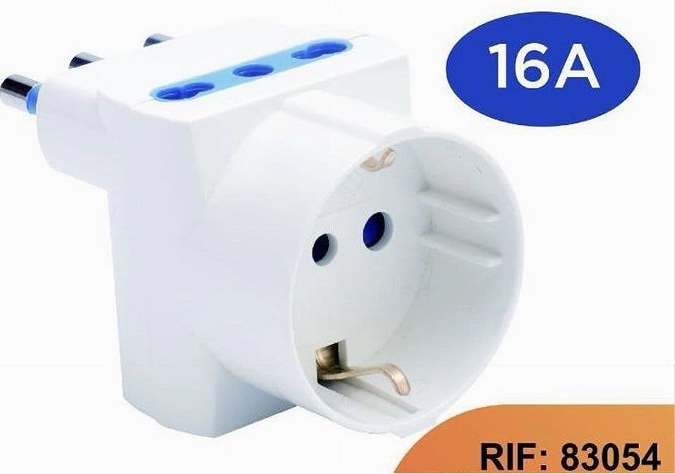 ADATTATORE SPINA ANGOLARE 16A 2 BIPASSO 10A/16A 1 PRESA SCHUKO 16A LATERALE 83054 in Multiprese Trade Shop italia - Napoli, commercioVirtuoso.it