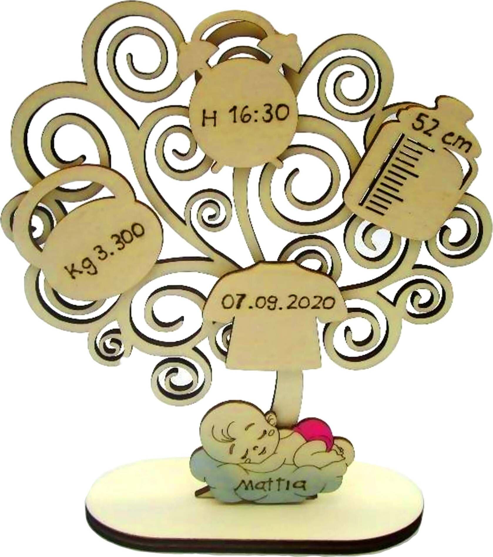 Albero della vita personalizzato in legno con dettagli di nascita incisi 20cm Fiartwood