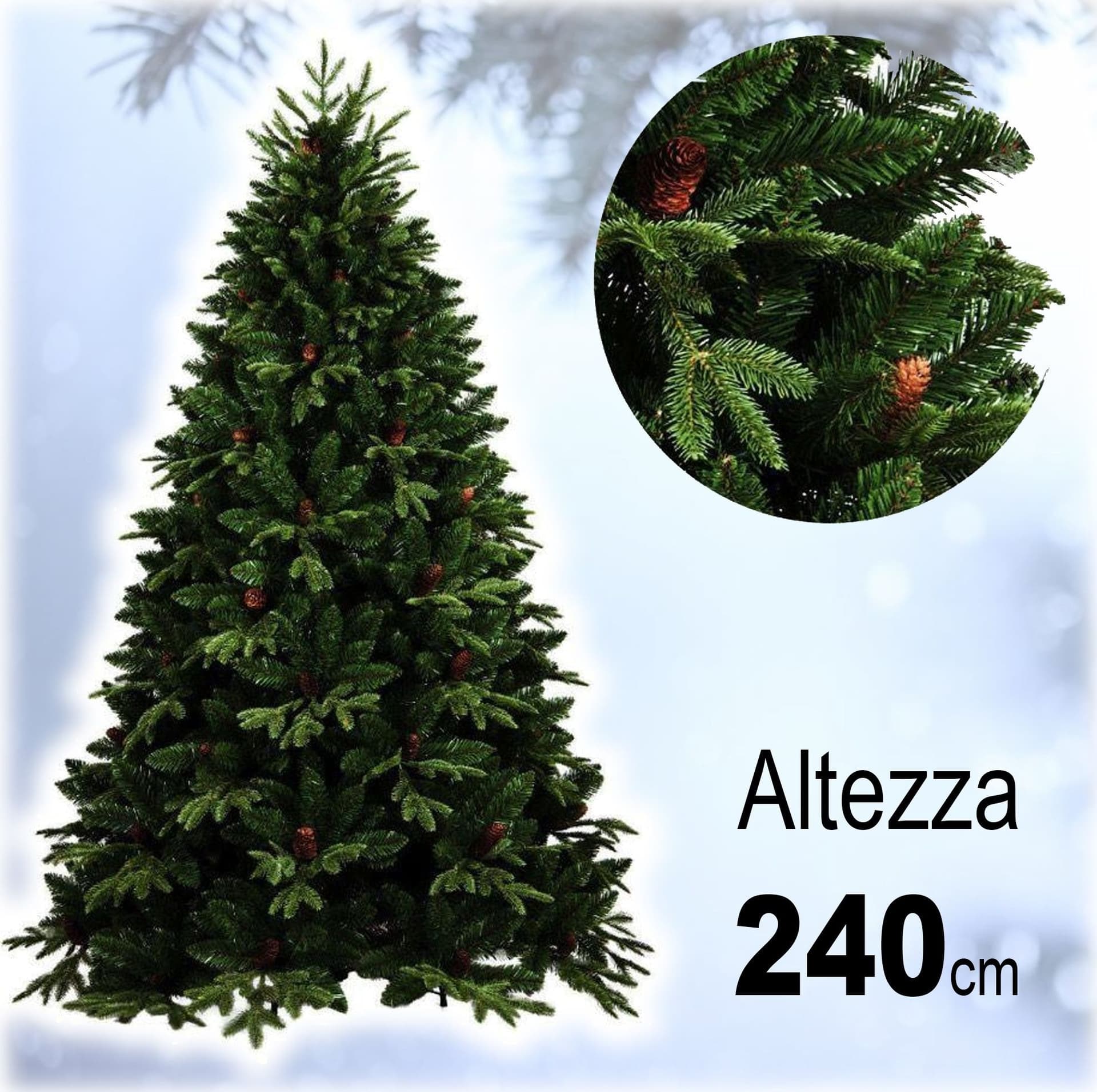 Albero-Di-Natale-Folto-Artificiale-240cm-Verde-Con-Pigne-1444-Rami-Base-A-Croce