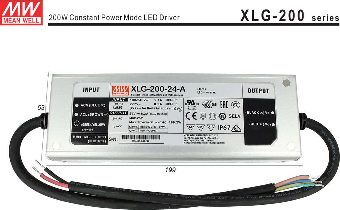 Alimentatore-Trasformatore-MeanWell-Impermeabile-IP67-24V-200W-8,3A-XLG-200-24-A