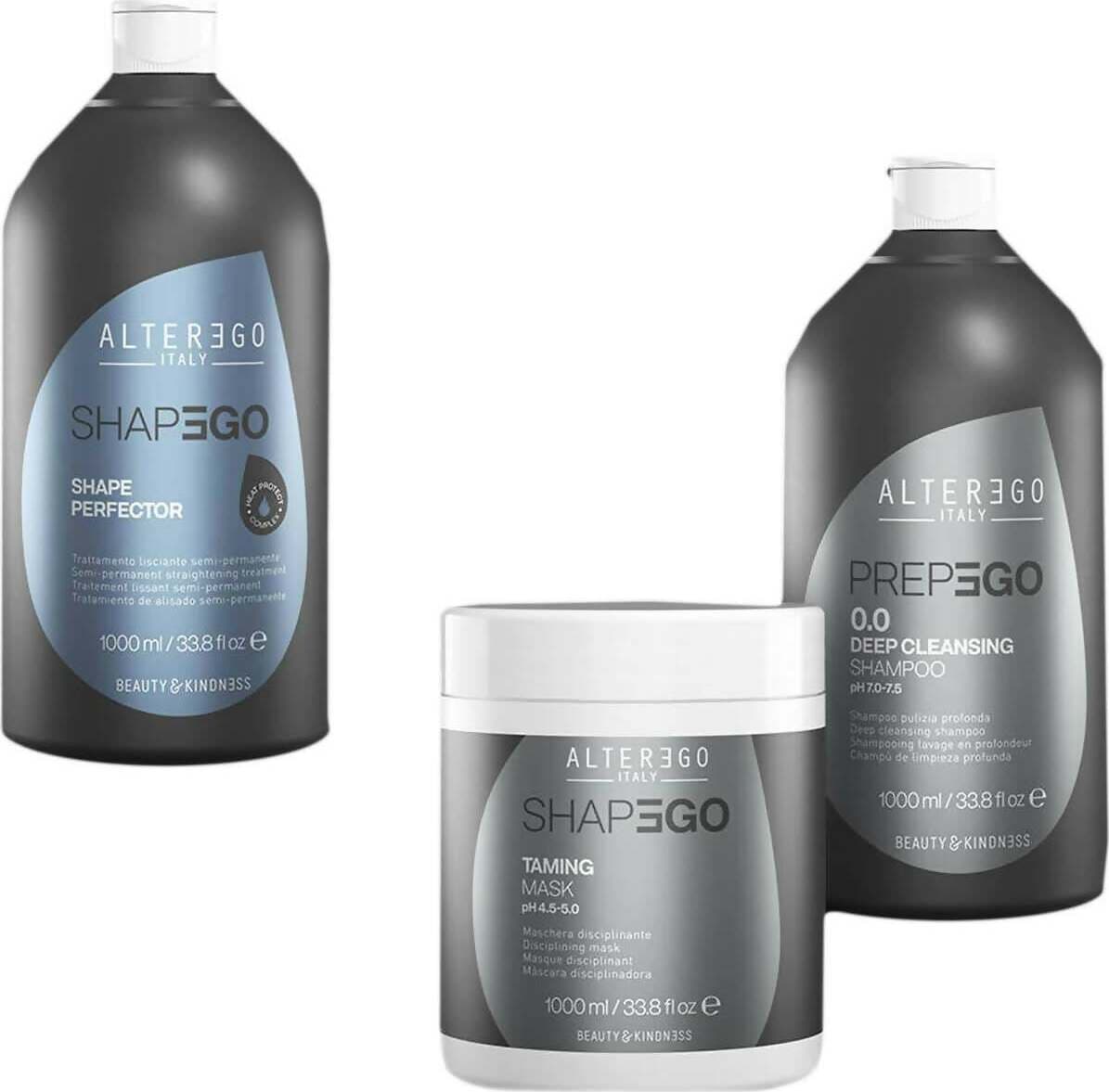 Alterego Set capelli Completo Shapego Perfector Shampoo Preparatore 1000 Ml Trattamento Lisciante Classico 1000 Ml E Maschera Disciplinante Anti-crespo 1000 Ml