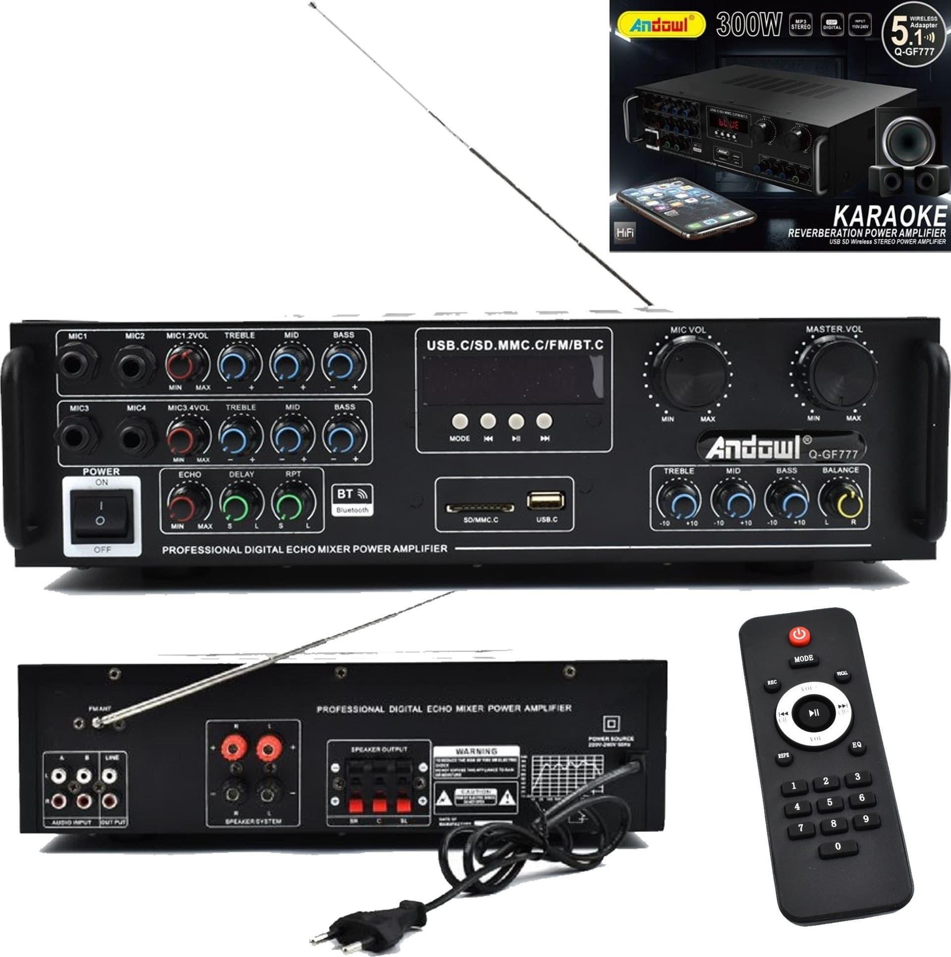 Amplificatore 300w 5.1 Bluetooth Usb Fm Mp3 Funzione Karaoke Telecomando Q-gf777 Strumenti Musicali/Sonorizzazione e palcoscenico/Amplificatori di potenza Trade Shop italia - Napoli, Commerciovirtuoso.it