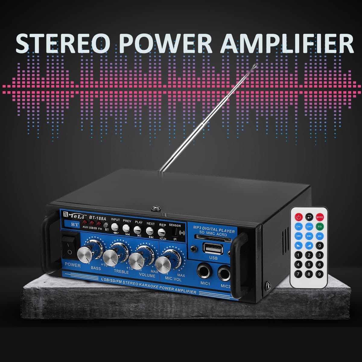 AMPLIFICATORE AUDIO 12V 220V USB SD 2 MICROFONI MP3 FM CASA AUTO KARAOKE BT188A Trade Shop italia - Napoli, Commerciovirtuoso.it
