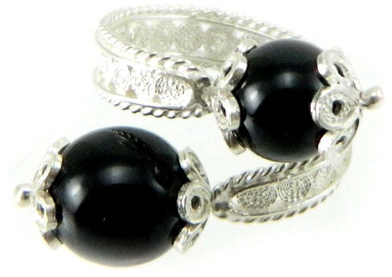 Anello Su Coccu filigrana sarda in argento brunito contrariè con pietre nere in Anelli Gioielleria Saba - Dolianova, commercioVirtuoso.it