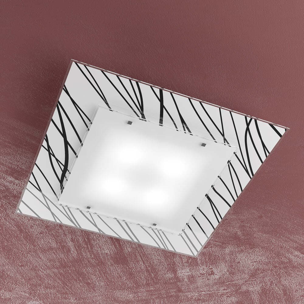 Applique-Contemporanea-Scraps-Metallo-Bianco-Vetro-Serigrafato-Nero-4-Luci-E27