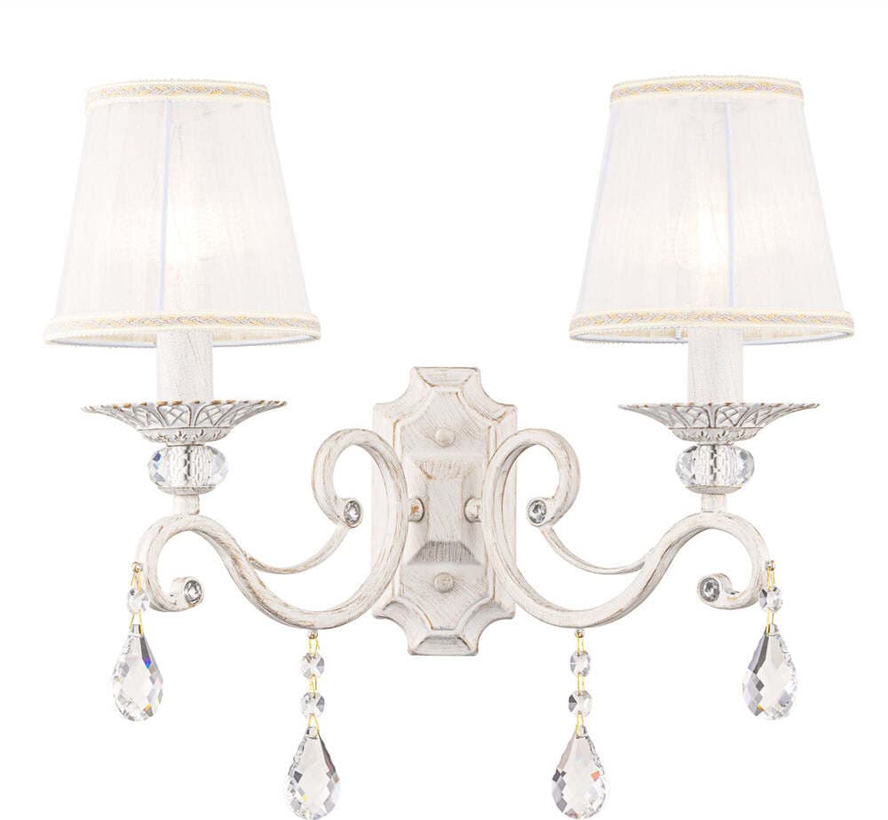 Applique-Shabby-Chic-Grace-Metallo-Bianco-2-Luci-Diffusori-Tessuto-Su-Pvc-Bianco