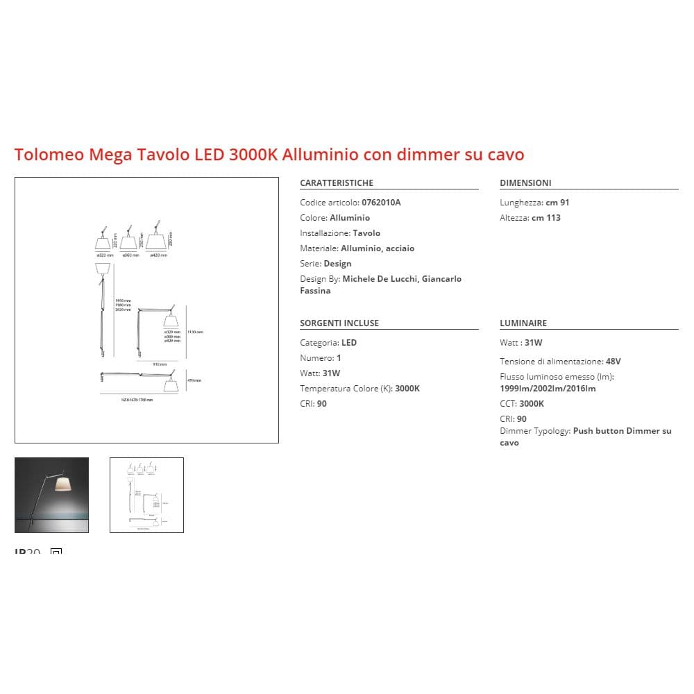 Artemide Tolomeo Mega Tavolo LED Alluminio e Pergamena Dimm in Lampade da terra Brilla Luce - Sarzana, commercioVirtuoso.it