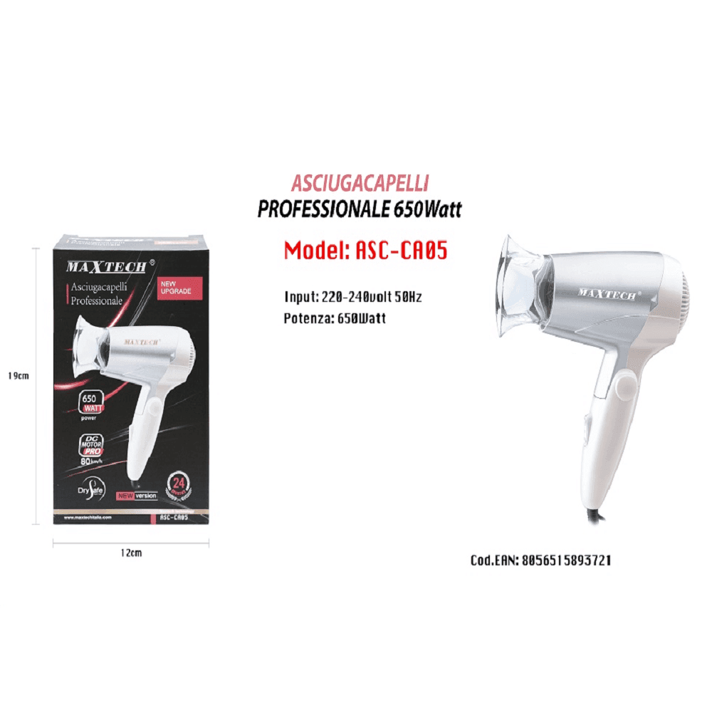 Asciugacapelli Viaggio 650w Richiudibile Beccuccio Di Precisione Phon Asc-ca05 Bellezza/Cura dei capelli/Strumenti per lo styling/Asciugacapelli e accessori/Asciugacapelli Trade Shop italia - Napoli, Commerciovirtuoso.it