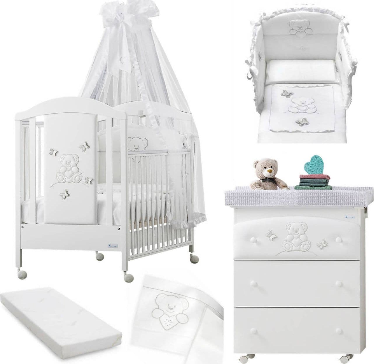 Azzurra Design Lettino Neonati Sophia + Fasciatoio Bagnetto Vaschetta Anatomica + Completo Lettino Piumone + Lenzuolo + Velo Con Asta + Materasso Casa e cucina/Arredamento/Cameretta bambini/Lettini per neonati e bambini/Lettini con sbarre Mondo Bimbo - Bagnara Calabra, Commerciovirtuoso.it