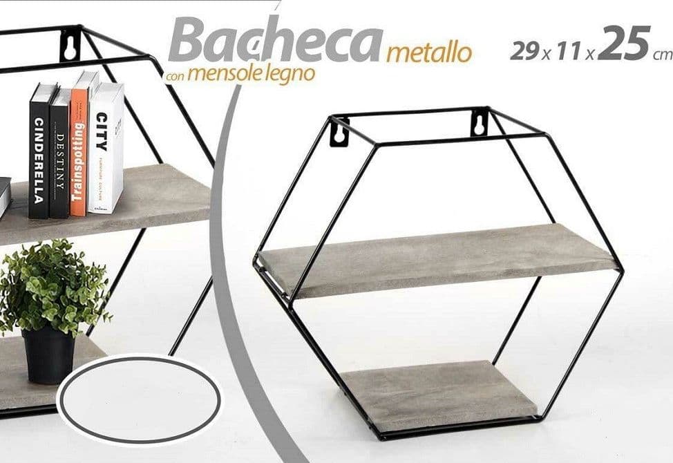 Bacheca Porta Oggetti Metallo Esagonale Parete 2 Mensole Legno 29x11x25cm 751981 Casa e cucina/Organizzazione interni/Porta oggetti cassetti e scaffali/Mensole a cubo da parete Trade Shop italia - Napoli, Commerciovirtuoso.it