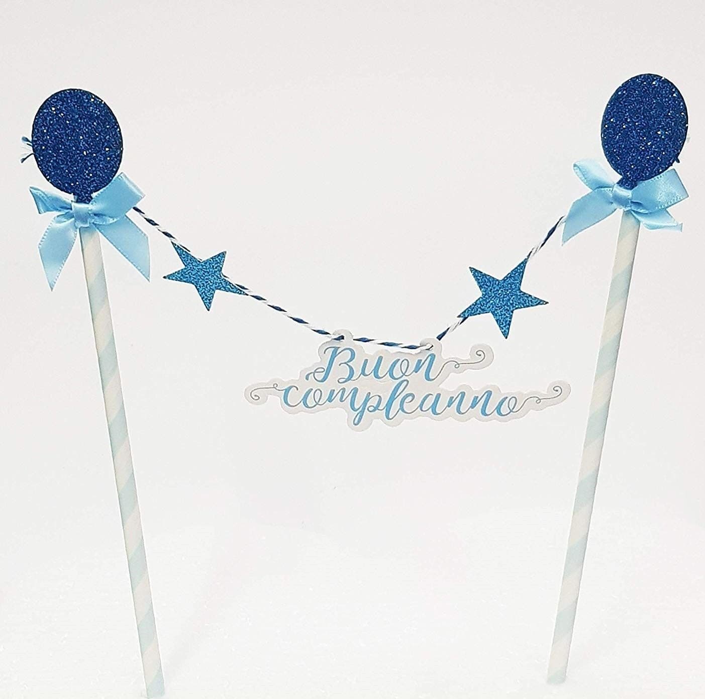 BANDIERINE CANNUCCE TORTA 2 PEZZI AZZURRO BUON COMPLEANNO DECORAZIONE FESTA