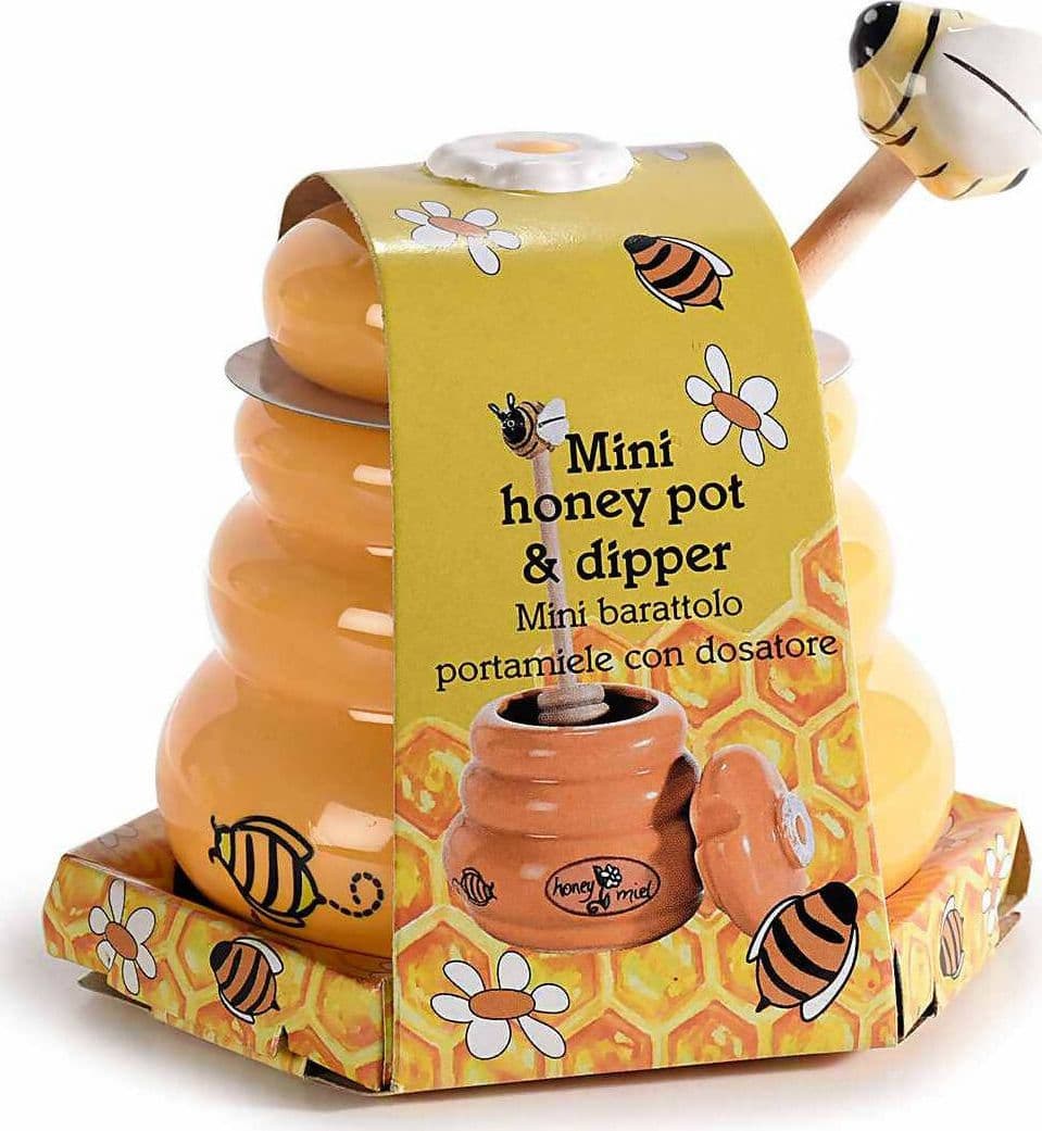 Barattolo Portamiele In Ceramica Di Colore Giallo, Con Coperchio E Con Coglimiele Di Legno Casa e cucina/Stoviglie/Piatti ciotole e vassoi/Piatti per servire/Contenitori per miele Sogno Shop - Assisi, Commerciovirtuoso.it
