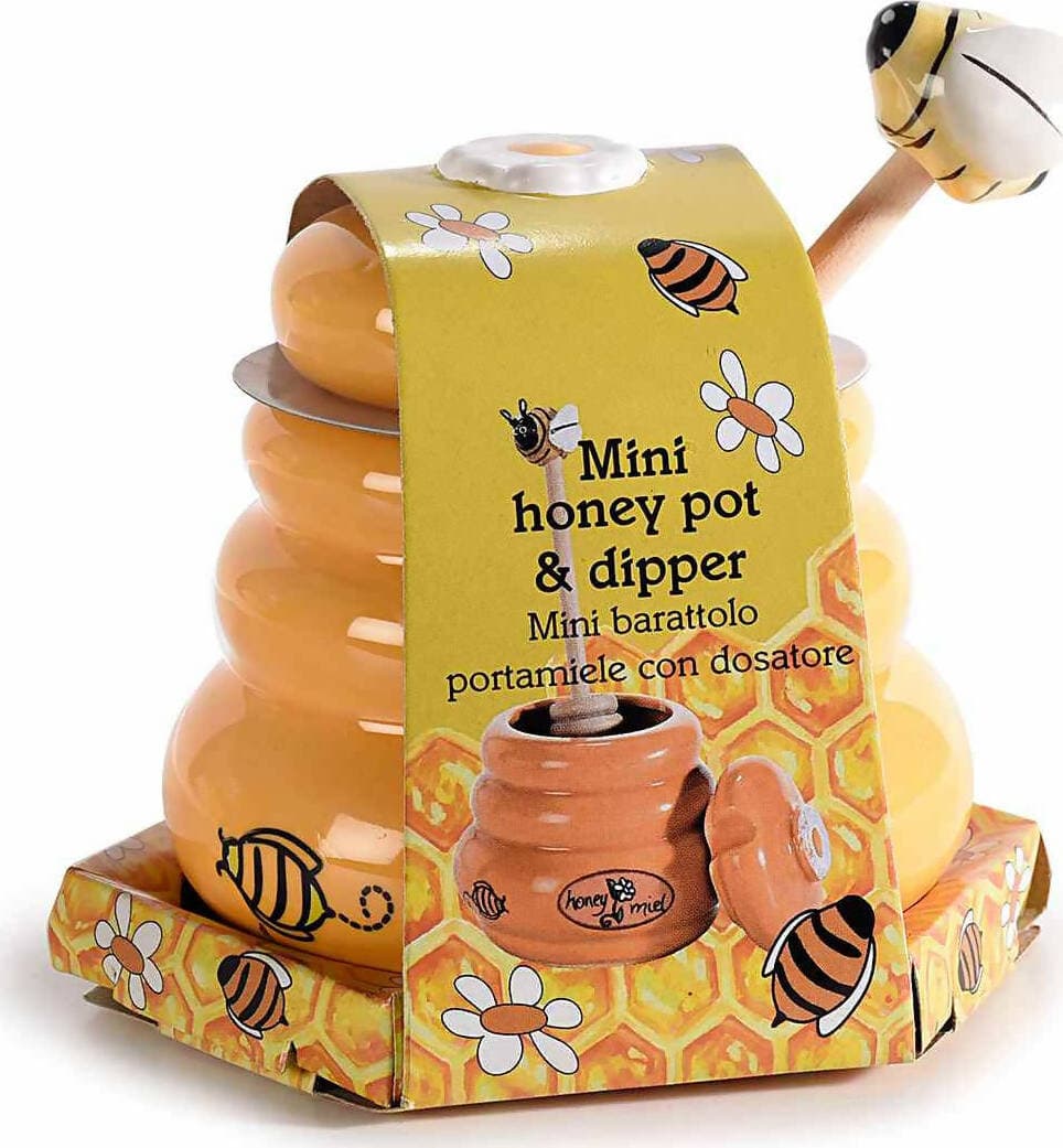 Barattolo Portamiele In Ceramica Di Colore Giallo, Con Coperchio E Con Coglimiele Di Legno Casa e cucina/Stoviglie/Piatti ciotole e vassoi/Piatti per servire/Contenitori per miele Sogno Shop - Assisi, Commerciovirtuoso.it
