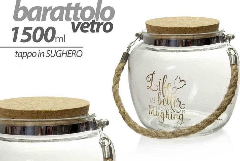 Barattolo Vetro Maniglia Corda Tappo In Sughero 14.7x14cm Decorato 1,5 Lt 758386 Casa e cucina/Organizzazione interni/Contenitori e barattoli da cucina/Vasetti e barattoli per conserve/Barattoli Trade Shop italia - Napoli, Commerciovirtuoso.it