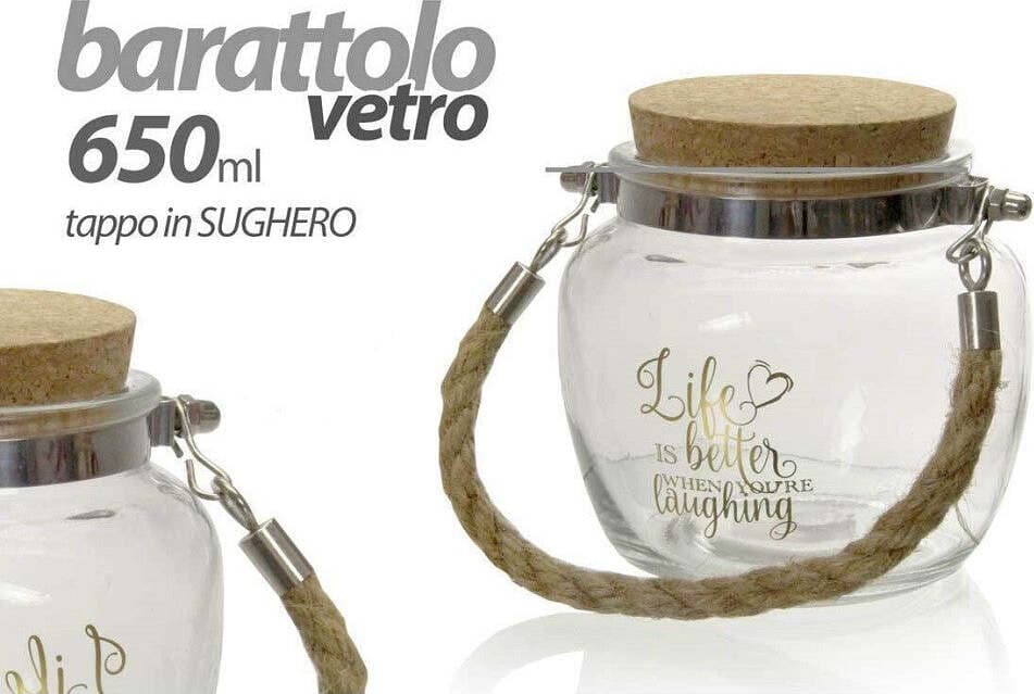 Barattolo Vetro Maniglia Corda Tappo Sughero 650 Ml Decorato 11,4x11,4 Cm 758287 Casa e cucina/Organizzazione interni/Contenitori e barattoli da cucina/Vasetti e barattoli per conserve/Barattoli Trade Shop italia - Napoli, Commerciovirtuoso.it