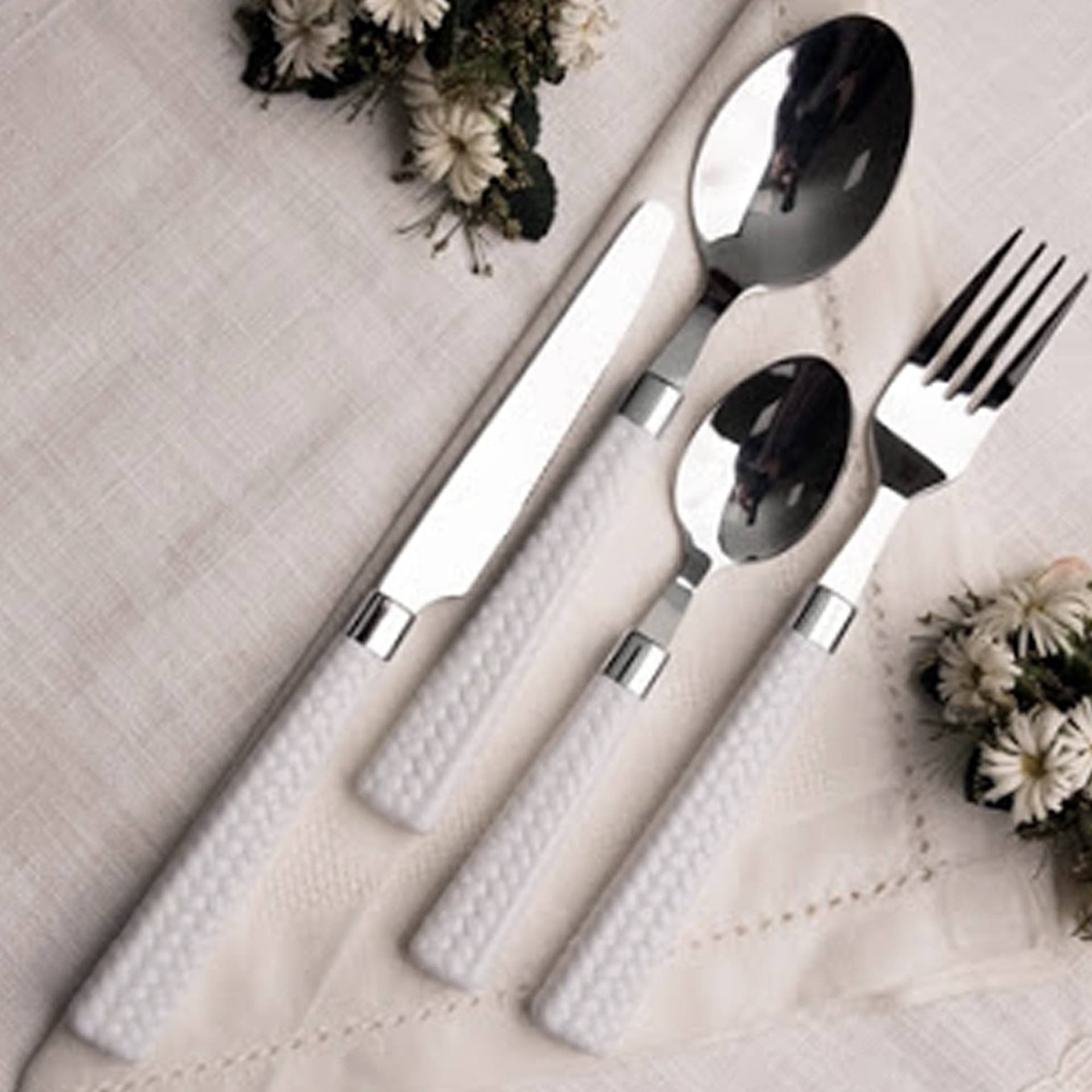 BAVARIA SET SERVIZIO 24 PEZZI POSATE ACCIAIO INOX CON MANICO BIANCO CUCINA