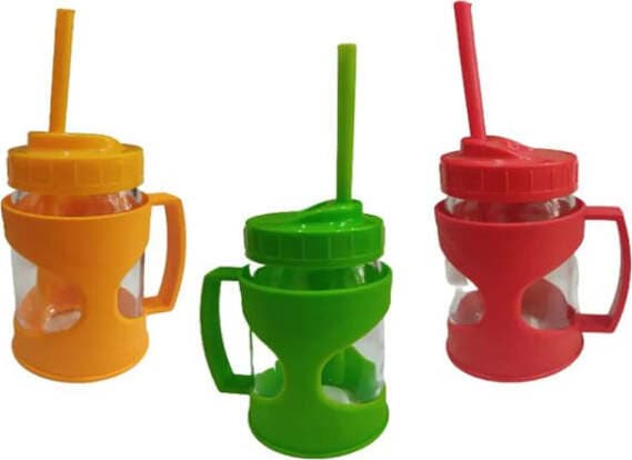 BICCHIERE IN VETRO CON CANNUCCIA PER PARTY CON COPERCHIO E MANICO COLORATO 370CC