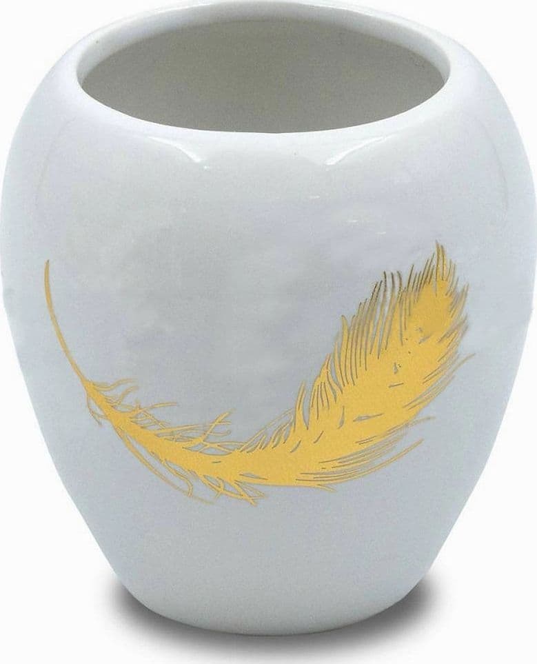 BICCHIERE PORTASPAZZOLINI IN CERAMICA BIANCA CON PIUMA ORO ACCESSORI BAGNO 59895