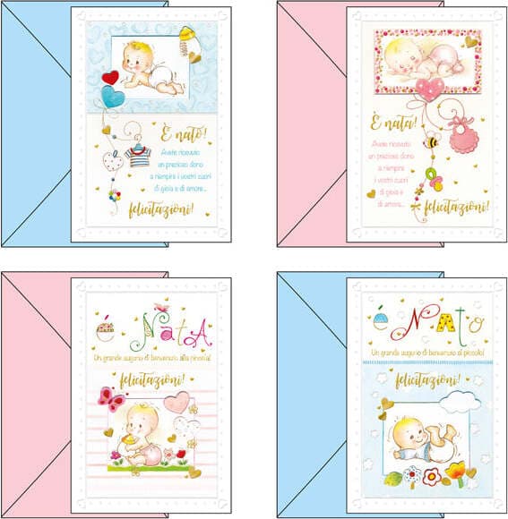 Biglietto auguri - tema nascita - 11 7 x 17 cm - rifiniture in oro a secco - Kartos Cancelleria e prodotti per ufficio/Carta blocchi e quaderni/Biglietti e cartoncini/Biglietti di auguri Eurocartuccia - Pavullo, Commerciovirtuoso.it