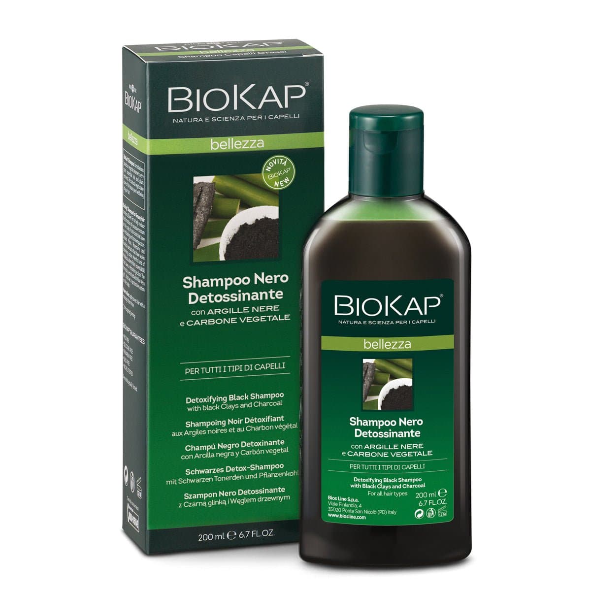 BIOKAP-Bellezza-Shampoo-Nero,-Shampoo-per-capelli-con-Argilla-nera-e-Carbone-vegetale,-Shampoo-detossinante-che-purifica-il-cuoio-capelluto,-Anti-sebo,-200-ml