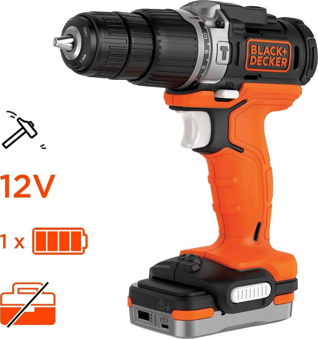BLACK&DECKER---BDCHD12S1-QW-Trapano/Avvitatore-a-Percussione,-12-V,-1.5-AH,-2-Velocità-Meccaniche,-Batteria-Powerbank-in-Soft-Bag