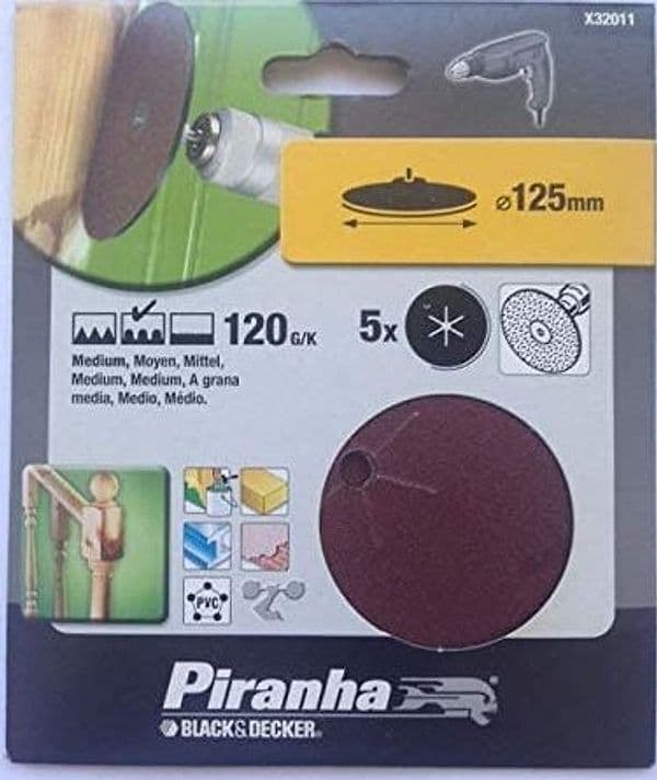 BLACK&DECKER---PIRANHA---5-PEZZI---DISCHI-CIRCOLARI-ABRASIVI-Ø125MM---GRANA-120