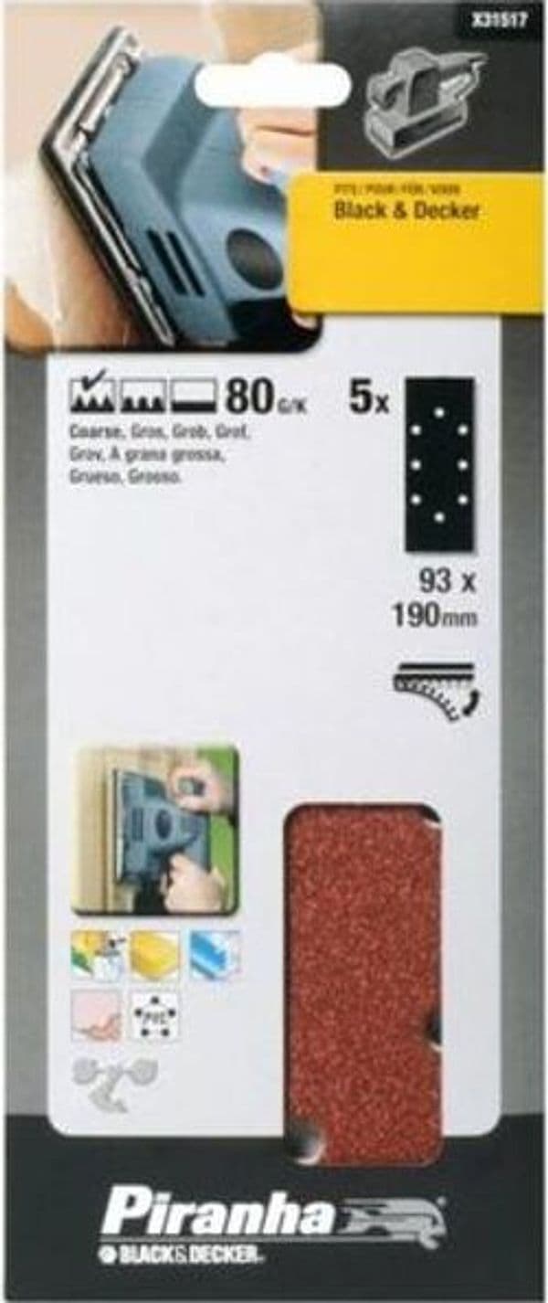 BLACK&DECKER-PIRANHA-5-FOGLI-ABRASIVI-FORATI-PER-LEVIGATRICI-ORBITALI-mm-93x190-GRANA-80-X31517-XJ