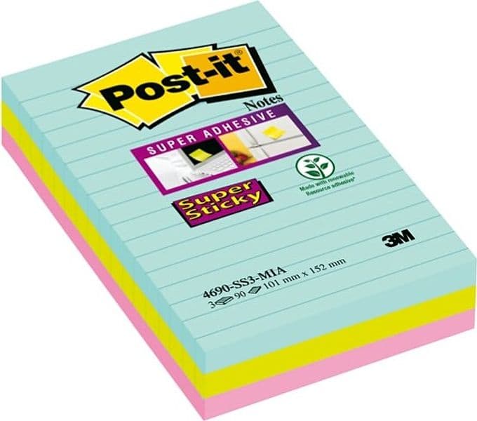 Blocco foglietti Post it Super Sticky - 4690-SS3MIA - a righe - 101 x 152 mm - colori Miami - 90 fogli - Post it Cancelleria e prodotti per ufficio/Carta blocchi e quaderni/Blocchi appunti taccuini e diari/Blocchetti memo adesivi Eurocartuccia - Pavullo, Commerciovirtuoso.it