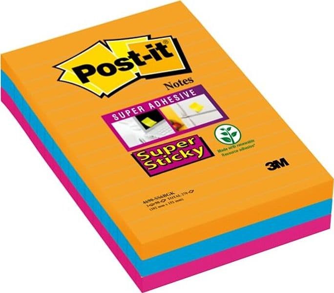 Blocco foglietti Post it Super Sticky rettangolari - 4690-SS3BGK - a righe - 101 x 152 mm - colori Bangkok - 90 fogli - Post it Cancelleria e prodotti per ufficio/Carta blocchi e quaderni/Blocchi appunti taccuini e diari/Blocchetti memo adesivi Eurocartuccia - Pavullo, Commerciovirtuoso.it