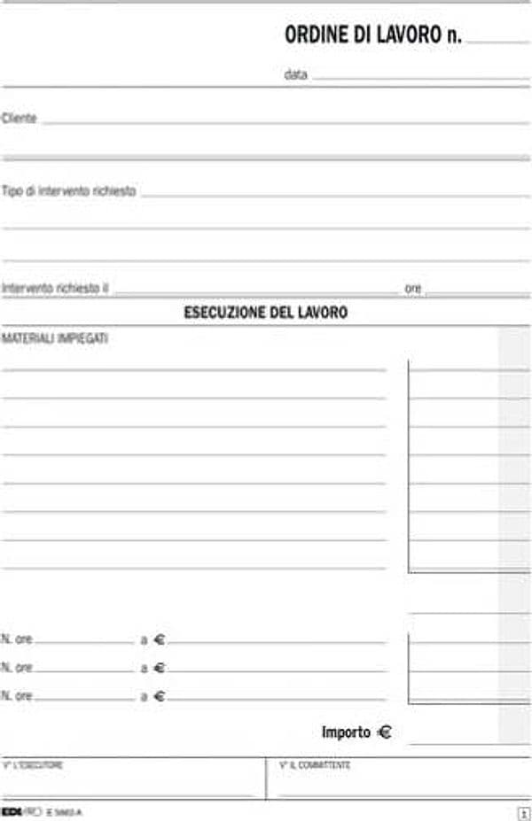 Blocco ordine di lavoro - 50 fogli 2 copie ricalcanti - 23 x 15cm - Edipro Cancelleria e prodotti per ufficio/Archivio ufficio e accessori per scrivania/Modulistica e conservazione registri/Libri e registri contabili Eurocartuccia - Pavullo, Commerciovirtuoso.it