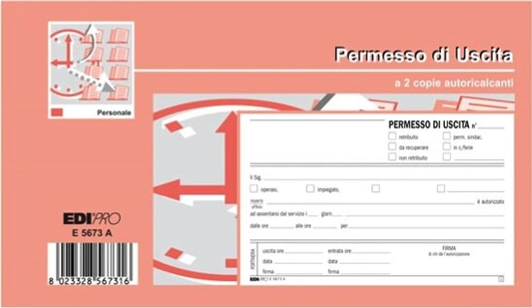 Blocco permesso uscita - 9 9 x 17cm - 50-50 fogli autoricalcanti - Edipro Cancelleria e prodotti per ufficio/Archivio ufficio e accessori per scrivania/Modulistica e conservazione registri/Libri e registri contabili Eurocartuccia - Pavullo, Commerciovirtuoso.it