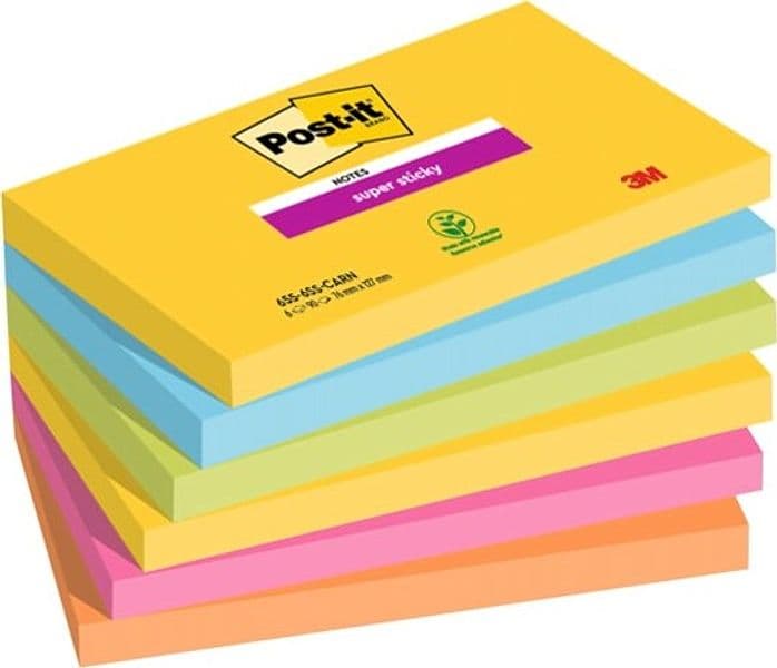 Blocco Post it Super Sticky - 655-6SS-CARN - 76 x 127 mm - colori Carnival - 90 fogli - Post it - conf. 6 pezzi Cancelleria e prodotti per ufficio/Carta blocchi e quaderni/Blocchi appunti taccuini e diari/Blocchetti memo adesivi Eurocartuccia - Pavullo, Commerciovirtuoso.it