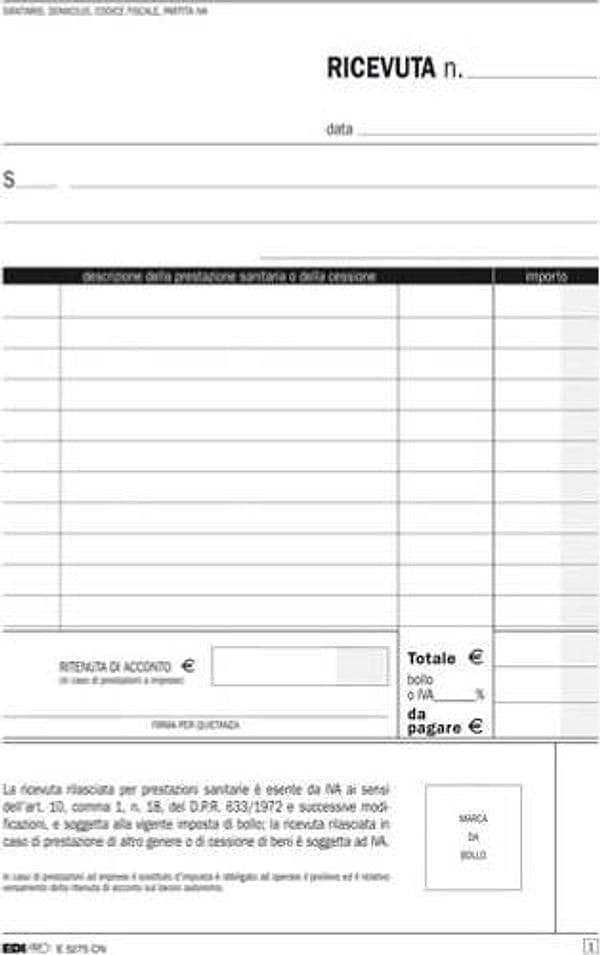 Blocco ricevute sanitarie - 50-50 fogli autoricalcanti - 23 x 15cm - Edipro Cancelleria e prodotti per ufficio/Archivio ufficio e accessori per scrivania/Modulistica e conservazione registri/Libri e registri contabili Eurocartuccia - Pavullo, Commerciovirtuoso.it