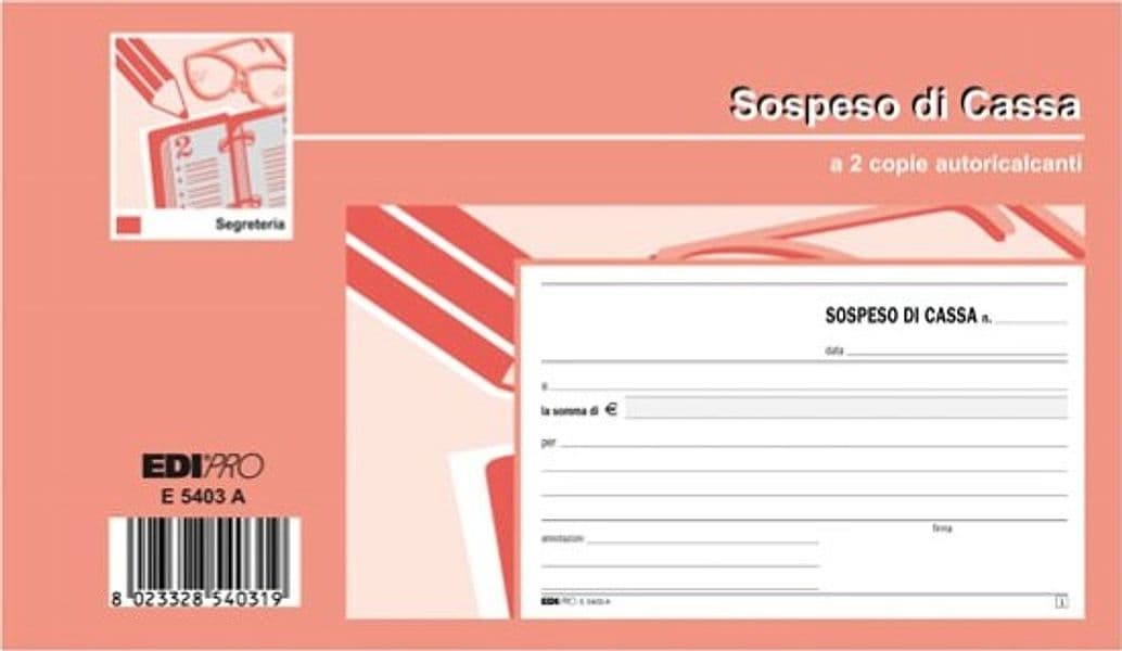 Blocco sospeso di cassa - 50 fogli 2 copie autoricalcanti - 10 x 17cm - Edipro Cancelleria e prodotti per ufficio/Archivio ufficio e accessori per scrivania/Modulistica e conservazione registri/Libri e registri contabili Eurocartuccia - Pavullo, Commerciovirtuoso.it