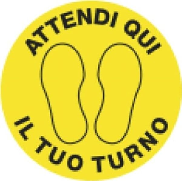 Bollo adesivo da terra - PVC - D 43 5 cm - ''Attendi qui il tuo turno'' - Cartelli Segnalatori Fai da te/Sicurezza e protezione/Attrezzature per sicurezza sul lavoro/Segnaletica antinfortunistica Eurocartuccia - Pavullo, Commerciovirtuoso.it