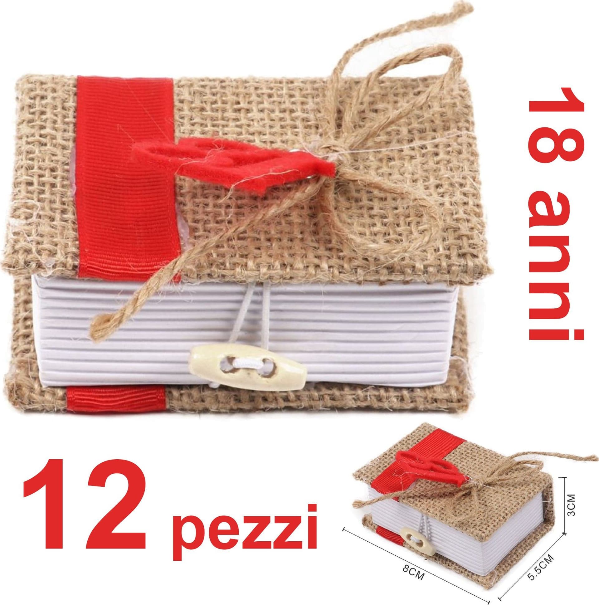 BOMBONIERA LIBRO 12 PZ JUTA 18 ANNI PORTACONFETTI PORTA CONFETTI COLORE ROSSO