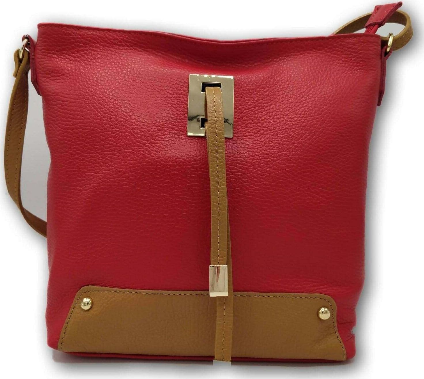 Borsa Donna a Tracolla Modello Olga in Vera Pelle Tamponato Rosso Con Dettagli a Contrasto Made in Italy Fior Di Loto