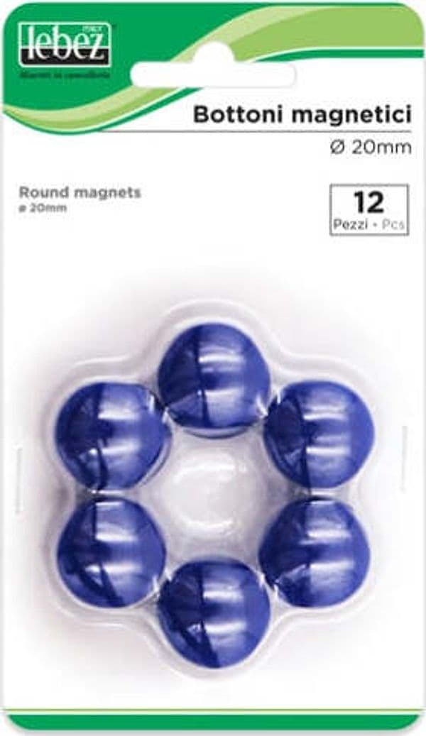 Bottoni magnetici - blu - diametro 20 mm - Lebez - blister 12 pezzi Cancelleria e prodotti per ufficio/Archivio ufficio e accessori per scrivania/Nastri colle elastici e graffette/Puntine e ganci Eurocartuccia - Pavullo, Commerciovirtuoso.it