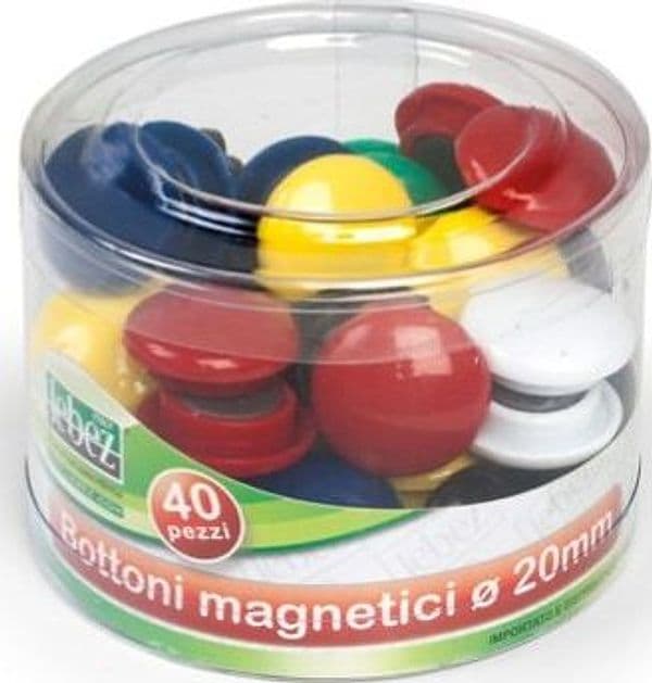Bottoni magnetici tondi - diametro 20 mm - colori assortiti - Lebez - barattolo da 40 pezzi Cancelleria e prodotti per ufficio/Archivio ufficio e accessori per scrivania/Nastri colle elastici e graffette/Puntine e ganci Eurocartuccia - Pavullo, Commerciovirtuoso.it