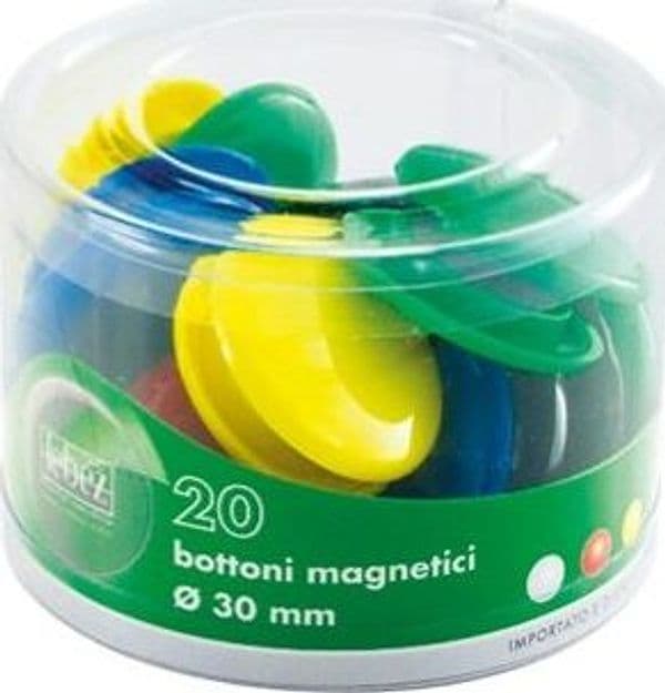Bottoni magnetici tondi - diametro 30 mm - colori assortiti - Lebez - barattolo da 20 pezzi Cancelleria e prodotti per ufficio/Archivio ufficio e accessori per scrivania/Nastri colle elastici e graffette/Puntine e ganci Eurocartuccia - Pavullo, Commerciovirtuoso.it