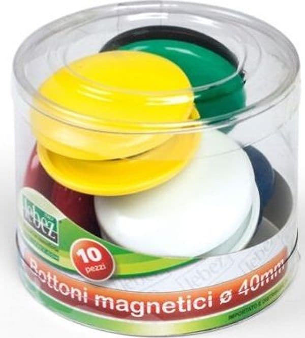 Bottoni magnetici tondi - diametro 40 mm - colori assortiti - Lebez - barattolo da 10 pezzi Cancelleria e prodotti per ufficio/Archivio ufficio e accessori per scrivania/Nastri colle elastici e graffette/Puntine e ganci Eurocartuccia - Pavullo, Commerciovirtuoso.it