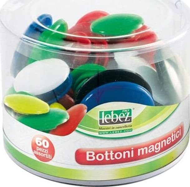 Bottoni magnetici tondi - misure e colori assortiti - Lebez - barattolo da 60 pezzi Cancelleria e prodotti per ufficio/Archivio ufficio e accessori per scrivania/Nastri colle elastici e graffette/Puntine e ganci Eurocartuccia - Pavullo, Commerciovirtuoso.it